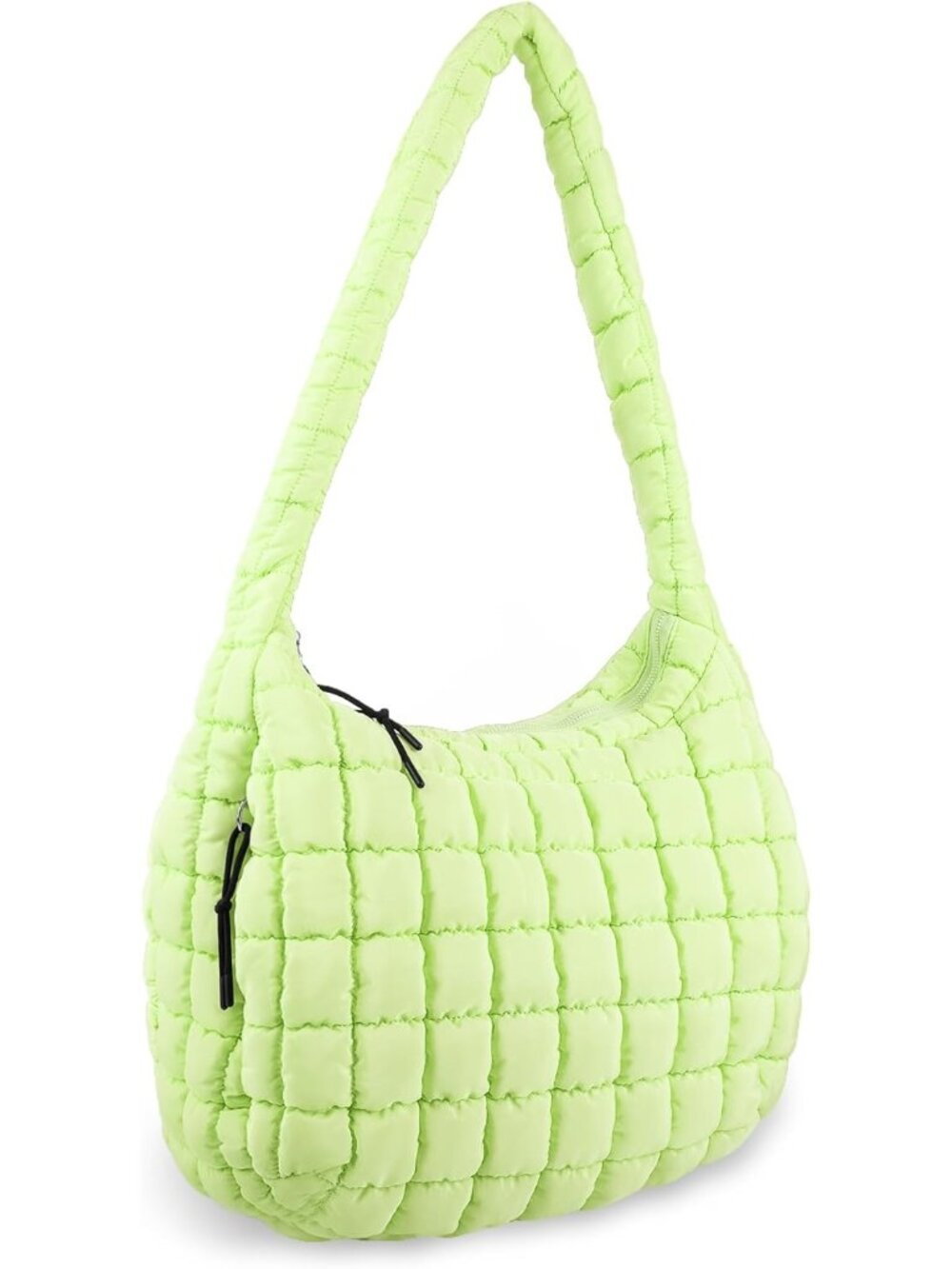 Women Light Green Quilted Puffer Lightweight Zipper Nylon Hobo Shoulder Handbag